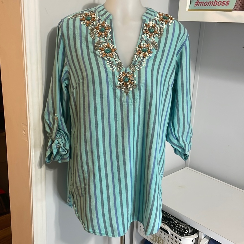 Soft Surrounding Tunic Stripped Blue Blouse size M
